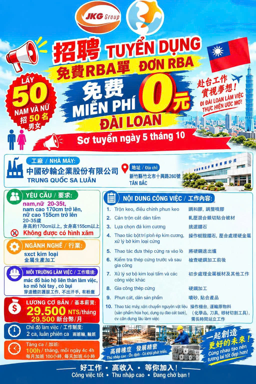 NHÀ MÁY SA LUÂN TRUNG QUỐC JKG GROUP 50 NAM NỮ TÂN TRÚC ĐÀI BẮC TĂNG CA 100H