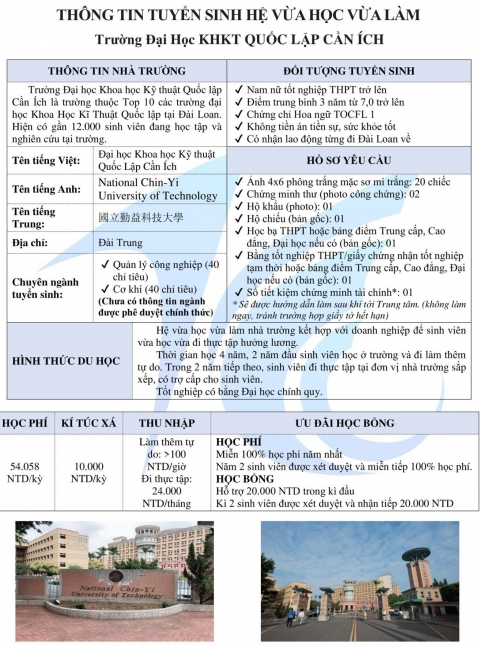 TRƯỜNG CẦN ÍCH CAO HÙNG DU HỌC ĐÀI LOAN 2022 - DU HỌC VỪA HỌC VỪA LÀM ĐÀI LOAN 2022 