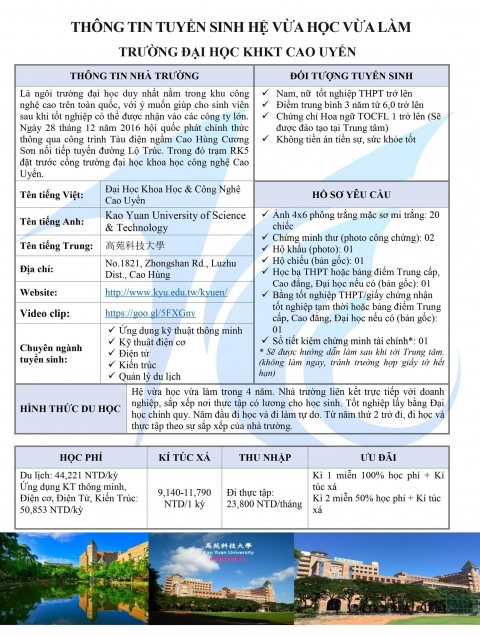 TRƯỜNG CAO UYỂN CAO HÙNG DU HỌC ĐÀI LOAN 2022 - DU HỌC VỪA HỌC VỪA LÀM ĐÀI LOAN 2022 