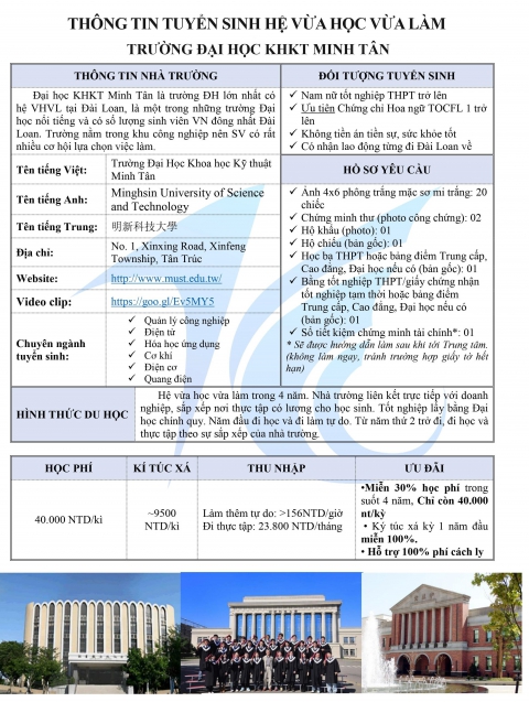 TRƯỜNG MINH TÂN ĐÀI BẮC ĐẦU DU HỌC ĐÀI LOAN 2022 - DU HỌC VỪA HỌC VỪA LÀM ĐÀI LOAN 2022 